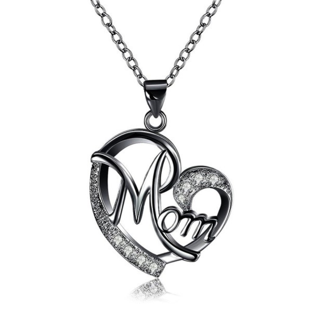 Black Love Heart Mom Charm Pendant Chain Necklace Great Gift Mother's Day, Mum